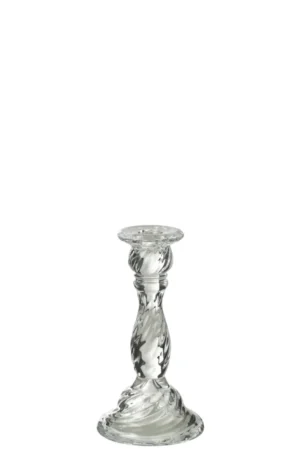Kaarsenhouder Nono Glas Transparant Medium met een wervelende, gedraaide steel en ronde basis, afgebeeld tegen een effen witte achtergrond.