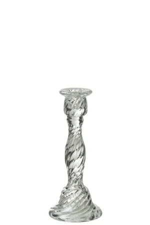 De Kaarsenhouder Nono Glas Transparant Groot is een kandelaar van helder glas met een gedraaid spiraalontwerp, rechtopstaand tegen een effen witte achtergrond.