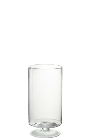 De Kaarsenhouder Orkaan Te Voet Ronde Glazen Medium is een heldere, lege cilindrische glazen kandelaar met een korte, ronde sokkel, afgebeeld op een effen witte achtergrond.