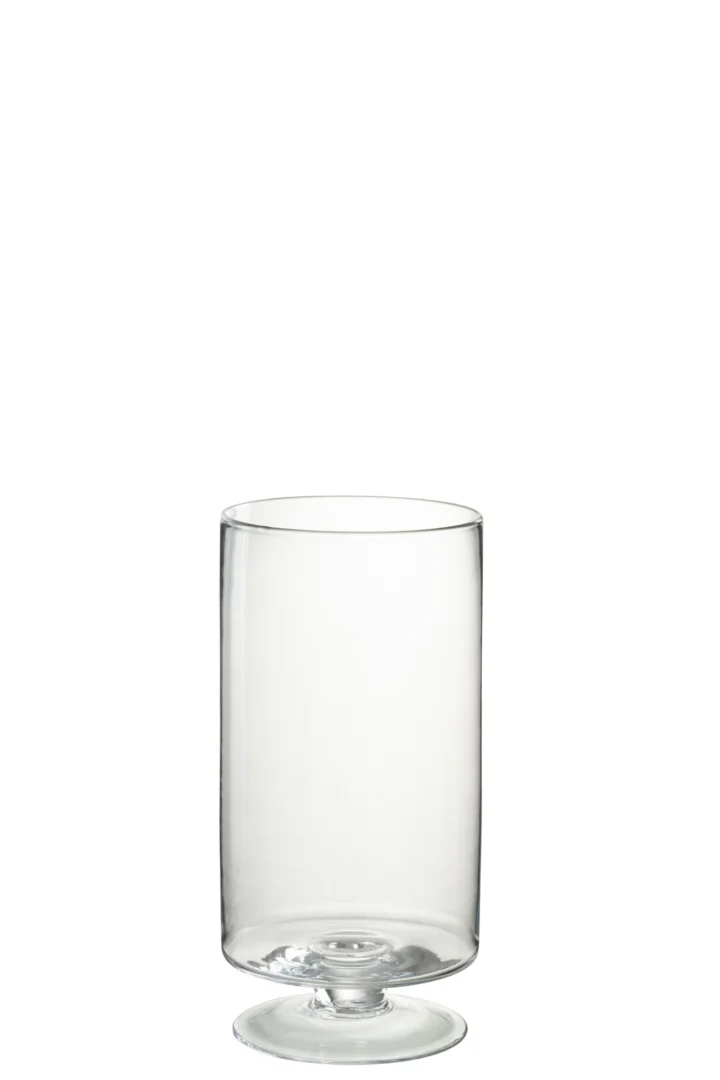 De Kaarsenhouder Orkaan Te Voet Ronde Glazen Medium is een heldere, lege cilindrische glazen kandelaar met een korte, ronde sokkel, afgebeeld op een effen witte achtergrond.