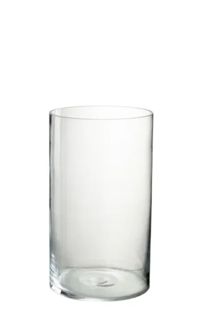 De Kaarsenhouder Orkaan Glas Rond Transparant Medium is een heldere, cilindervormige glazen houder die rechtop staat op een witte achtergrond.