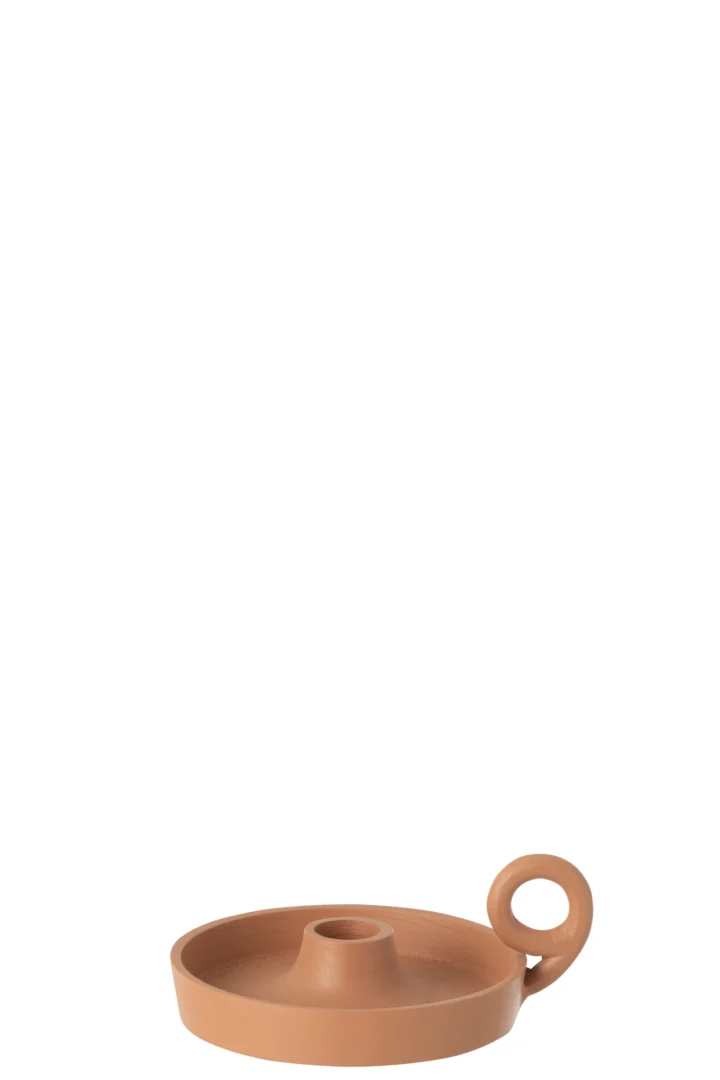 De Kaarsenhouder Schaal Aluminium Perzik Rond is een ronde, bruine kandelaar met een kleine handgreeplus aan de zijkant, weergegeven op een effen witte achtergrond.