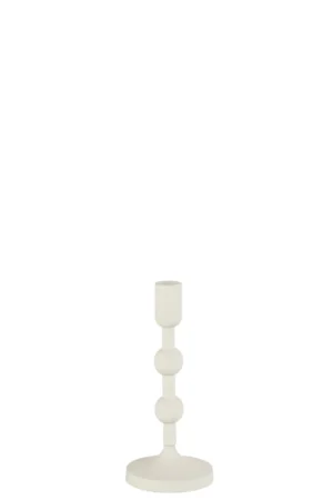 De Kaarsenhouder Ballen Aluminium Wit Groot is een minimalistische witte kandelaar met een ronde voet, een hoge stam met twee bolvormige accenten en een cilindrische bovenkant.
