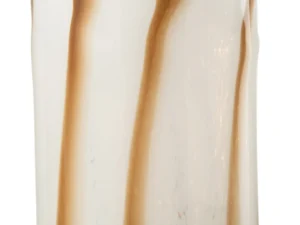 De Kaarsenhouder Orkaan Strepen Safari Glas Wit Bruin Groot is een cilindrische glazen houder met verticale bruin en beige gemarmerde strepen, een gladde rand, doorschijnend oppervlak en een handgemaakte look.