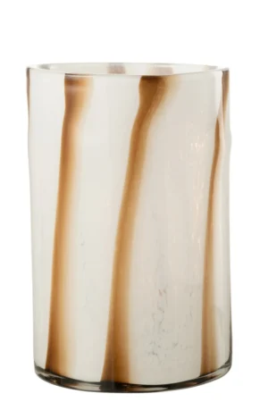De Kaarsenhouder Orkaan Strepen Safari Glas Wit Bruin Groot is een cilindrische glazen houder met verticale bruin en beige gemarmerde strepen, een gladde rand, doorschijnend oppervlak en een handgemaakte look.