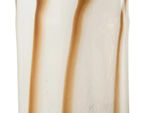 De Kaarsenhouder Orkaan Strepen Safari Glas Wit Bruin Groot is een cilindrische glazen houder met verticale bruin en beige gemarmerde strepen, een gladde rand, doorschijnend oppervlak en een handgemaakte look.