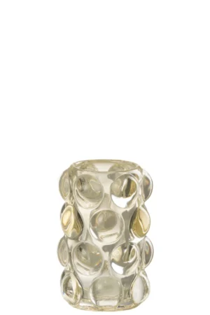 Een helder geel glazen vaas genaamd Theelichthouder Bollie Glas Geel met een cirkelvormig ontwerp.