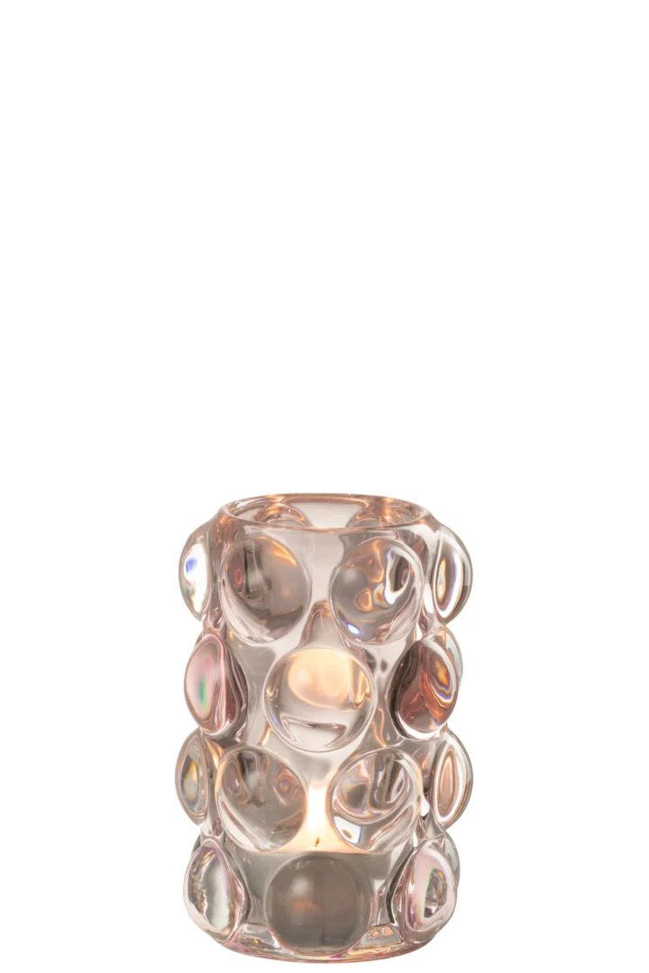 Theelichthouder Bollie Glas Roze is een heldere cilindrische glazen houder met verhoogde, ronde bubbelachtige patronen over het hele oppervlak.