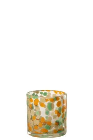 Theelichthouder Spots Glas Mix: een glazen houder met een mix van groene, gele en oranje stippen verspreid over het oppervlak op een witte achtergrond.