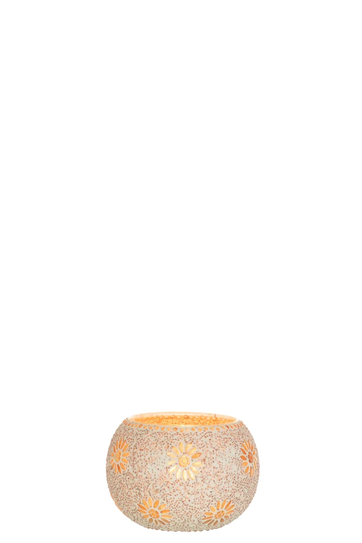 De Kaarsenhouder Bram Glas Gespikkeld Groot is een ronde, crèmekleurige kandelaar met een gestippelde textuur en gele bloemmotieven, afgebeeld tegen een witte achtergrond.