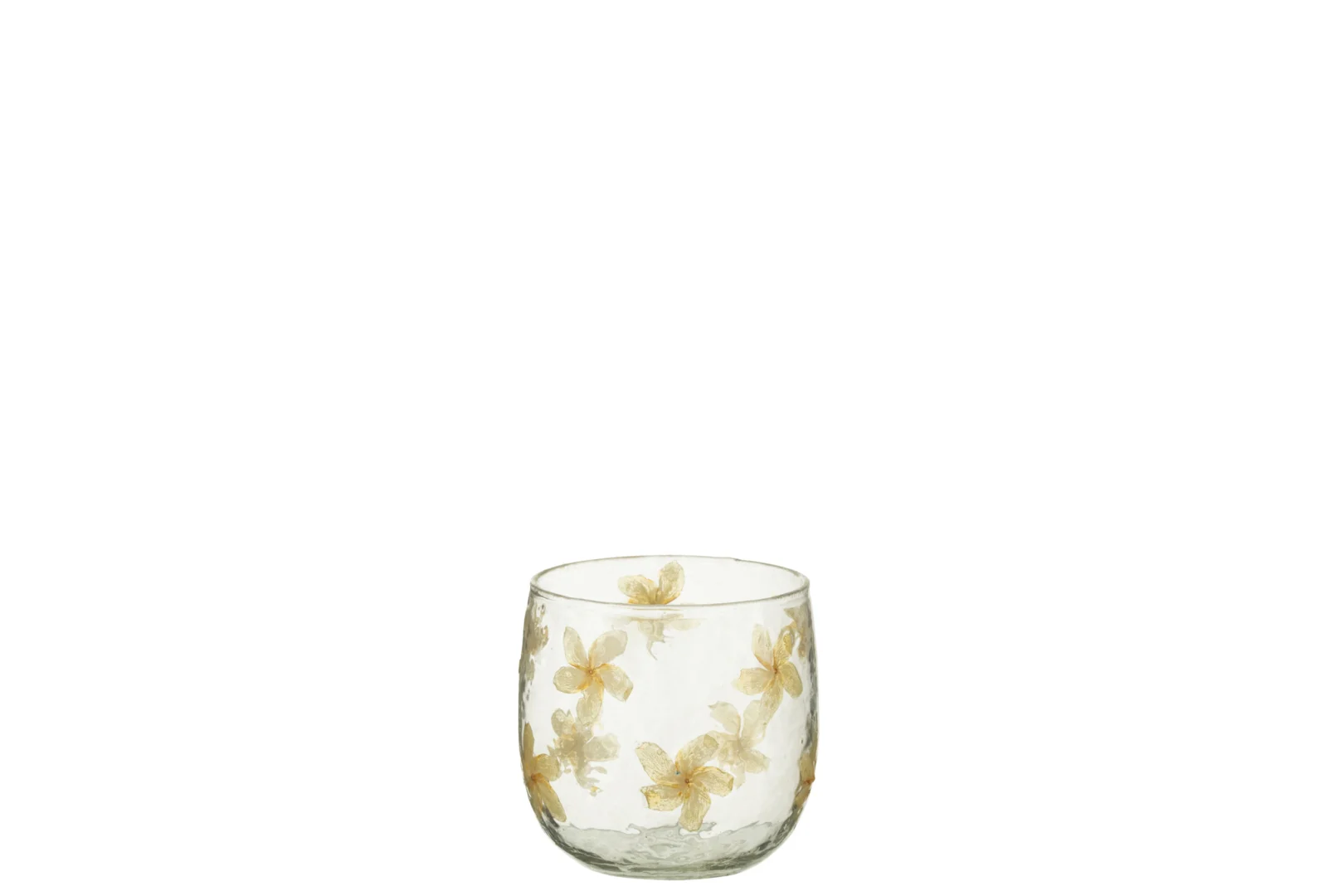 Theelichthouder Bloemen Glas Geel Klein: een kleine theelichthouder van helder glas met een geel bloemmotief tegen een witte achtergrond.