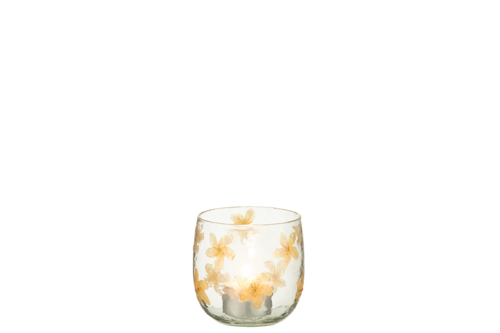 Theelichthouder Bloemen Glas Geel Klein: een kleine houder van helder glas met een geel bloemenpatroon, afgebeeld tegen een effen witte achtergrond.