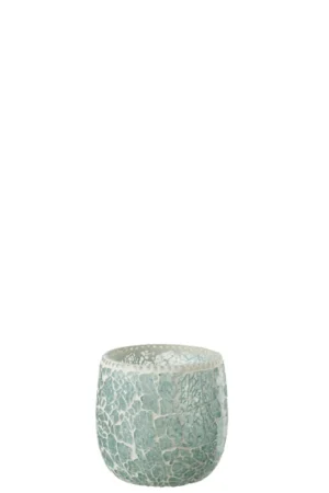 Theelichthouder Mozaïekglas Groen Wit Klein: een kleine, ronde, lichtgroene kandelaar met een gebarsten mozaïekpatroon tegen een effen witte achtergrond.