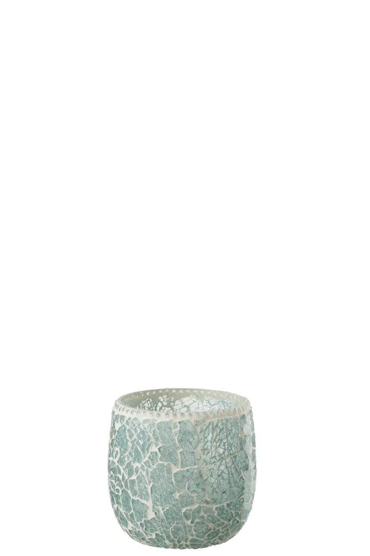 Theelichthouder Mozaïekglas Groen Wit Klein: een kleine, ronde, lichtgroene kandelaar met een gebarsten mozaïekpatroon tegen een effen witte achtergrond.