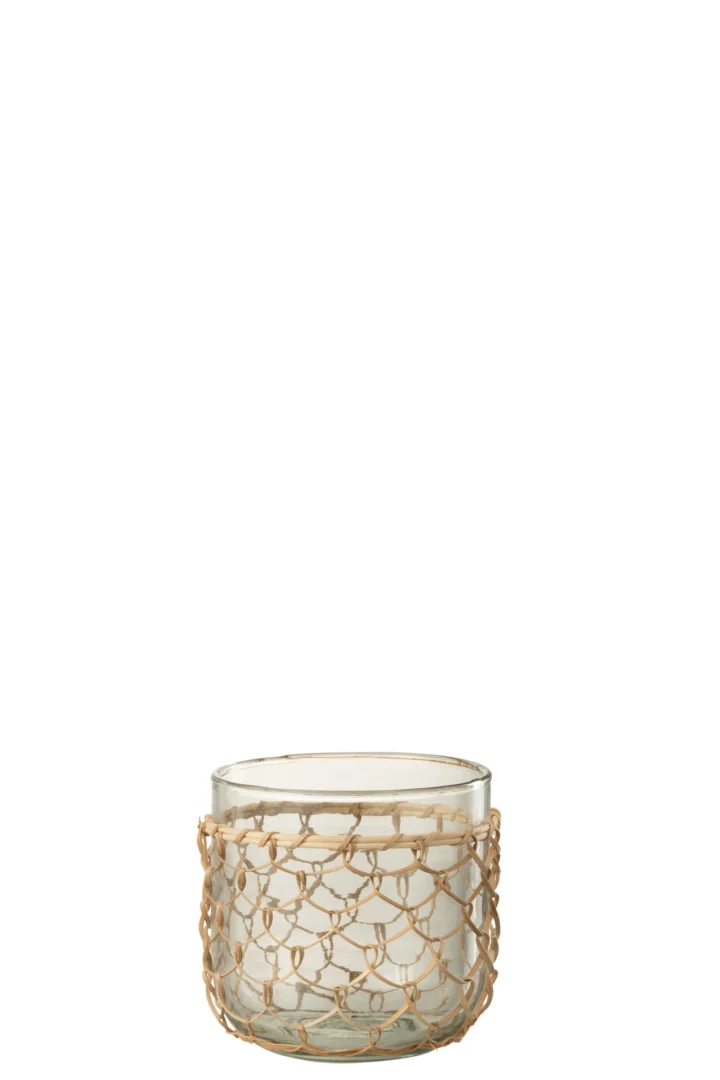 De Kaarsenhouder Orkaan Glas Staaf Brei Transparant Medium is een middelgrote ronde glazen kandelaar met decoratief gaas, met een witte kaars erin.