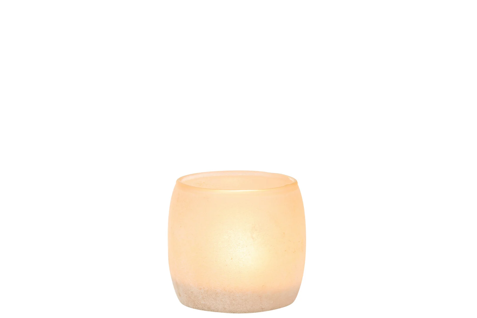 Een zachtroze Theelichthouder Poederglas Roze Klein kaars gloeit zachtjes in zijn matte houder, tegen een effen witte achtergrond.