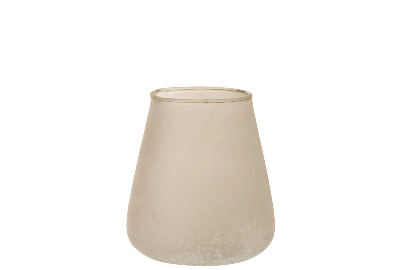 De Kaarsenhouder Orkaan Poeder Glas Roze Medium heeft gematteerd, doorschijnend glas met een afgeronde onderkant en een licht uitlopende bovenkant, tegen een witte achtergrond.