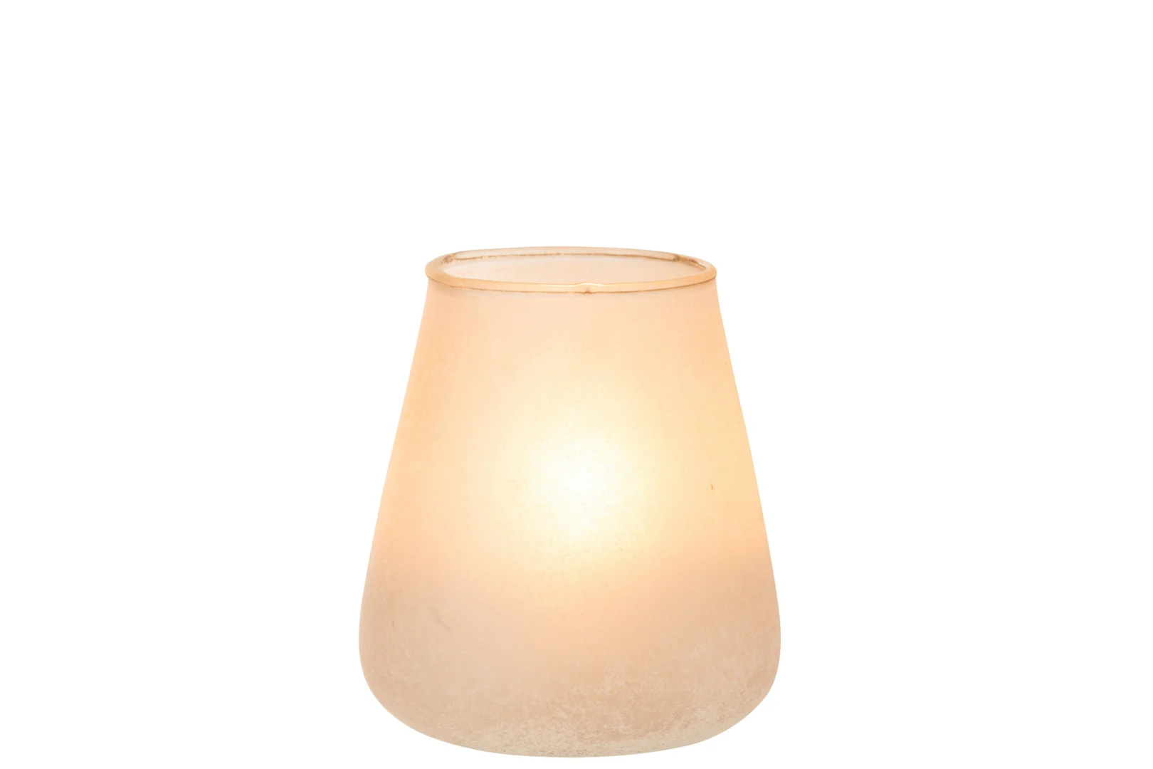 De Kaarsenhouder Orkaan Poeder Glas Roze Medium is een matglazen kandelaar met een gladde, zacht taps toelopende vorm. Met een gloeiende kaars erin straalt hij warm, zacht licht uit en wordt hij gecentreerd afgebeeld op een effen witte achtergrond.