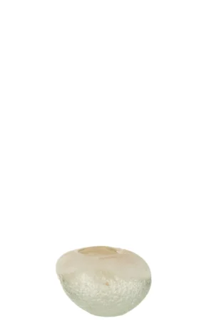 De Vaas Bal Glas Beige, een kleine ronde vaas met gestructureerd matglas, is gecentreerd tegen een witte achtergrond.