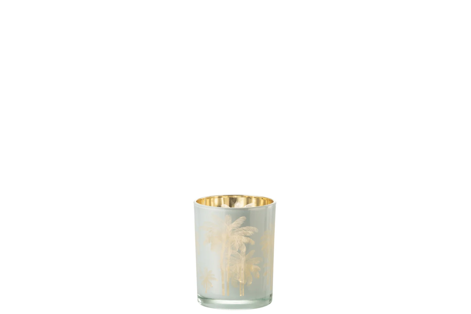 De Kaarsenhouder Orkaan Palm Bomen Glas Blauw Goud Medium heeft een gouden binnenkant en een subtiel palmboompatroon op licht mat glas, perfect om een vleugje tropische elegantie toe te voegen aan elke omgeving.