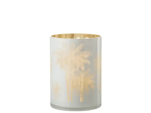 De Orkaan Palm Bomen Glas Blauw/Goud Extra Groot is een cilindervormige glazen vaas met een gouden binnenkant en een subtiel palmboomontwerp op de matte buitenkant.
