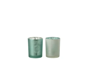 Set van 2 Kaarsenhouder Orkaan Spiralen Glas Mix Medium: één in mat teal en één in mat wit, beide met swirl-patroon, naast elkaar op een witte achtergrond.