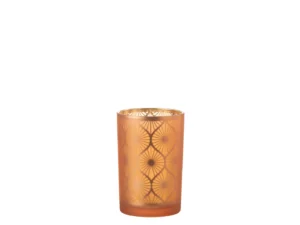 De Orkaan Rhomb Bloemen Glas Oranje Groot is een oranje matglazen beker met een gouden geometrisch zonnestraalpatroon en een metallic gouden rand, tegen een effen witte achtergrond.