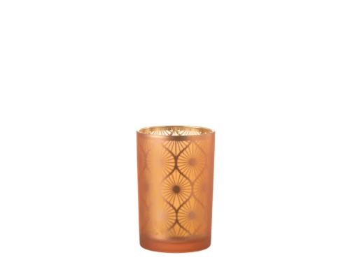 De Orkaan Rhomb Bloemen Glas Oranje Groot is een oranje matglazen beker met een gouden geometrisch zonnestraalpatroon en een metallic gouden rand, tegen een effen witte achtergrond.