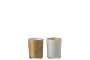 De Kaarsenhouder Orkaan Dame Glas Mix Medium Set 2 bestaat uit twee glazen kandelaars - een bruine, een witte - elk versierd met minimalistische abstracte menselijke lijnkunst en weergegeven tegen een witte achtergrond.