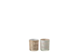 Theelichthouder Halve Maan Glas Mix Klein, een assortiment van 2 kleine glazen houders in roze en wit met subtiel geometrisch stippenpatroon, naast elkaar tegen een witte achtergrond.