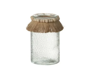 De Kaarsenhouder Hurricane Kralen Glas Transparant Groot is een kaarsenhouder van helder glas met een gestructureerd lichaam, een decoratieve rand van natuurlijk vezelgaren en crèmekleurige kralen rond de bovenkant, afgebeeld tegen een effen witte achtergrond.