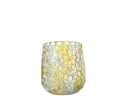 De Kaarsenhouder Orkaan Bloemen Glas Geel Zilver Middelgroot is een decoratieve glazen kandelaar met een rond ontwerp, met gele en zilveren bloemmotieven op het oppervlak. Het product is afgebeeld tegen een effen witte achtergrond.