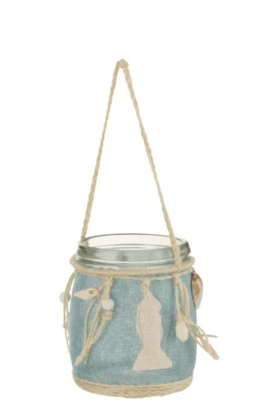 Theelichthouder Zeedecoratie Glas Blauw/Wit: glazen pot met handvat van touw, blauwe stof, witte schelpaccenten en een witte omtrek van het hoofdprofiel op de voorkant.