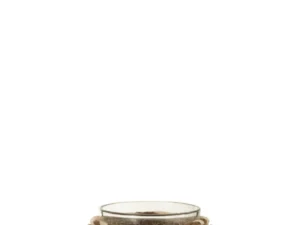 Theelichthouder Schelpen Glas Bruin is een kleine glazen houder omwikkeld met bruin vlechtwerk, versierd met beige touw en witte schelpen langs de bovenrand.