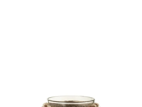 Theelichthouder Schelpen Glas Bruin is een kleine glazen houder omwikkeld met bruin vlechtwerk, versierd met beige touw en witte schelpen langs de bovenrand.