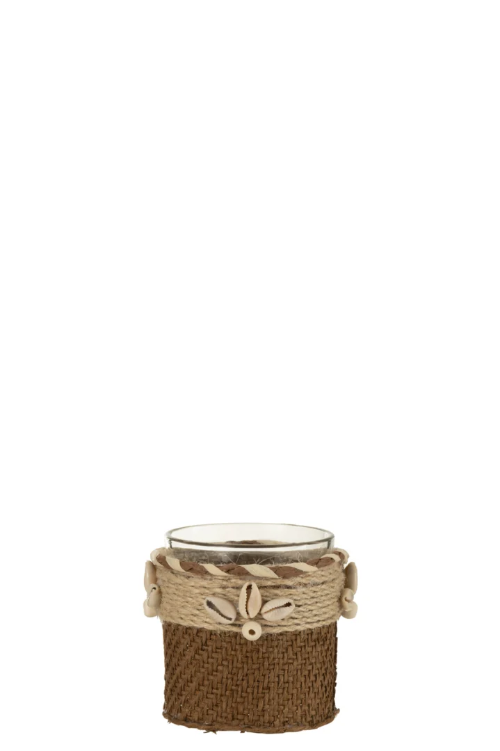 Theelichthouder Schelpen Glas Bruin is een kleine glazen houder omwikkeld met bruin vlechtwerk, versierd met beige touw en witte schelpen langs de bovenrand.