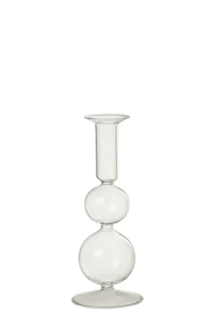 De Kaarsenhouder 2 Bollen Glas Transparant Groot is een kandelaar van helder glas met een ronde basis, twee gestapelde bolvormen en een uitlopende bovenkant voor het houden van je favoriete kaars.