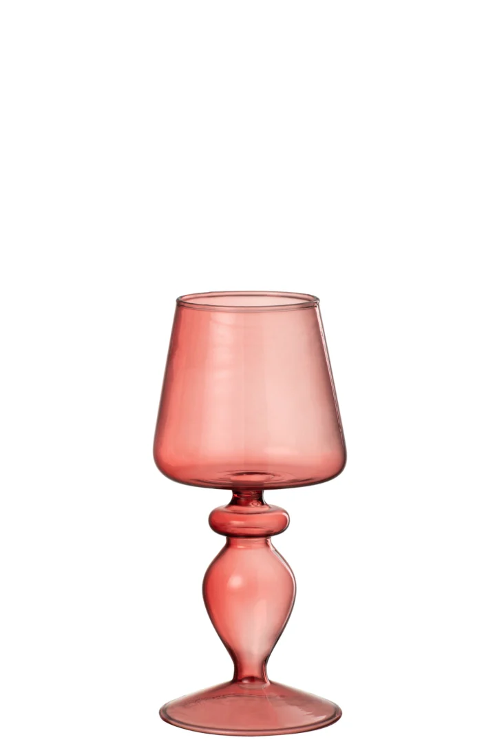 De Kaarsenhouder Glas Roze Framboos Klein is een kleine roze glazen kandelaar met een brede kom, decoratieve ronde steel en ronde voet, afgebeeld tegen een effen witte achtergrond.