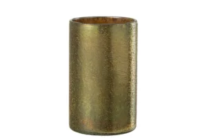 De Spiegel Goud Glas Groot is een hoge, cilindervormige vaas van metallic goud glas met een gestructureerd, licht gespikkeld oppervlak tegen een effen witte achtergrond.