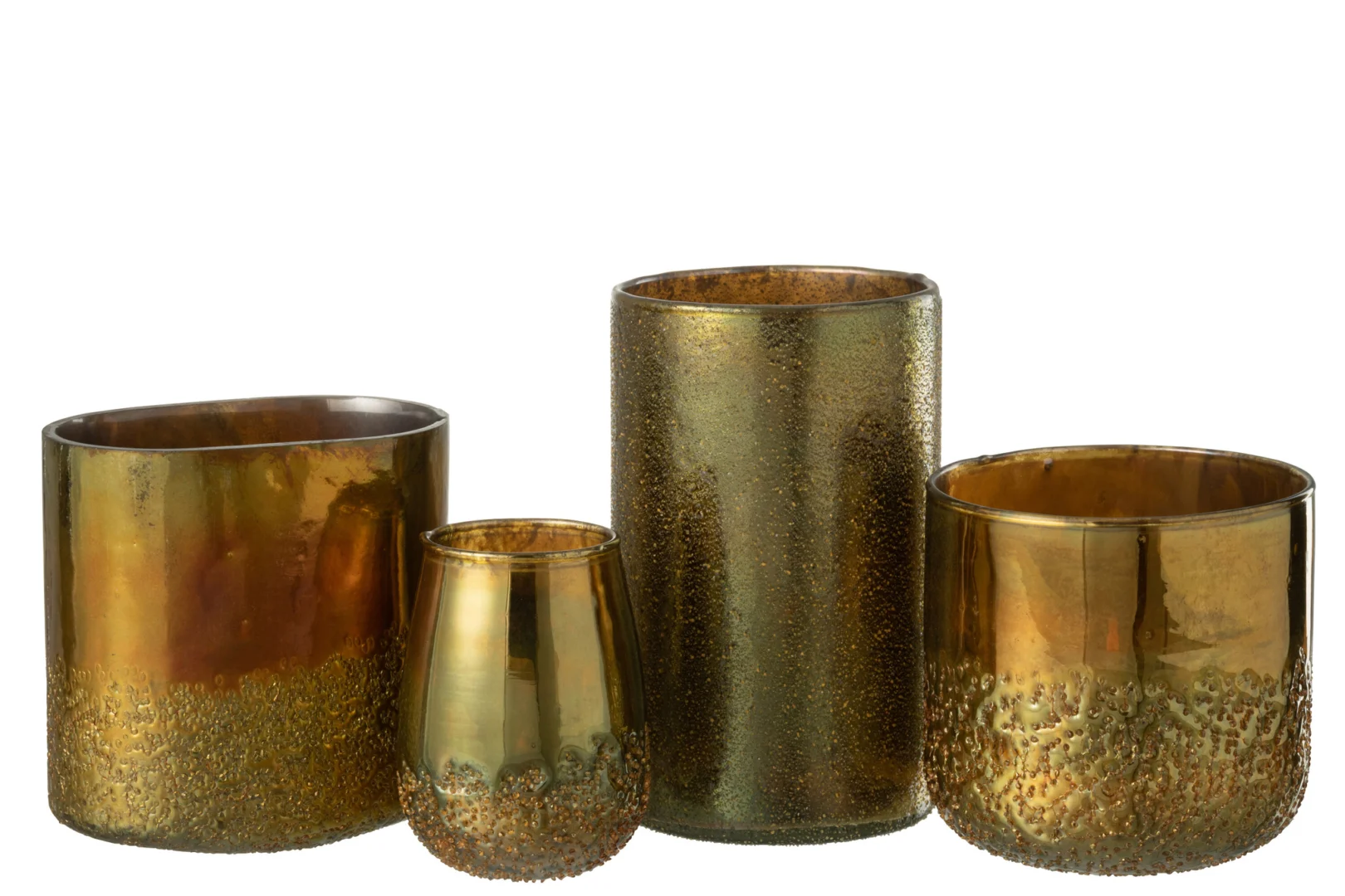 Vier Spiegel Goud Glas Extra Groot Formaat vazen, goudkleurig met gestructureerde, reflecterende oppervlakken in verschillende hoogten en vormen, staan naast elkaar op een effen witte achtergrond.