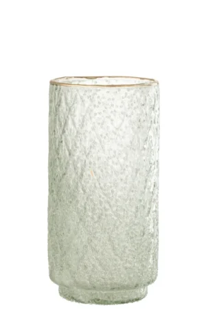 De Kaarsenhouder Orkaan Gouden Rand Glas Transparant Groot is een heldere, cilindrische glazen houder met een gestructureerde, licht matte look en een subtiele gouden rand, rechtopstaand tegen een witte achtergrond.