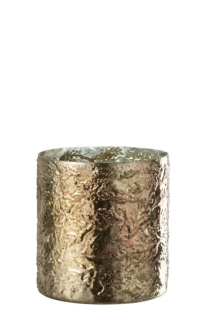 De Kaarsenhouder Orkaan Cilinder Koper Geoxideerd Groot is een gestructureerde, metallic gouden en bronzen kandelaar met een gehamerde afwerking, weergegeven tegen een effen witte achtergrond.