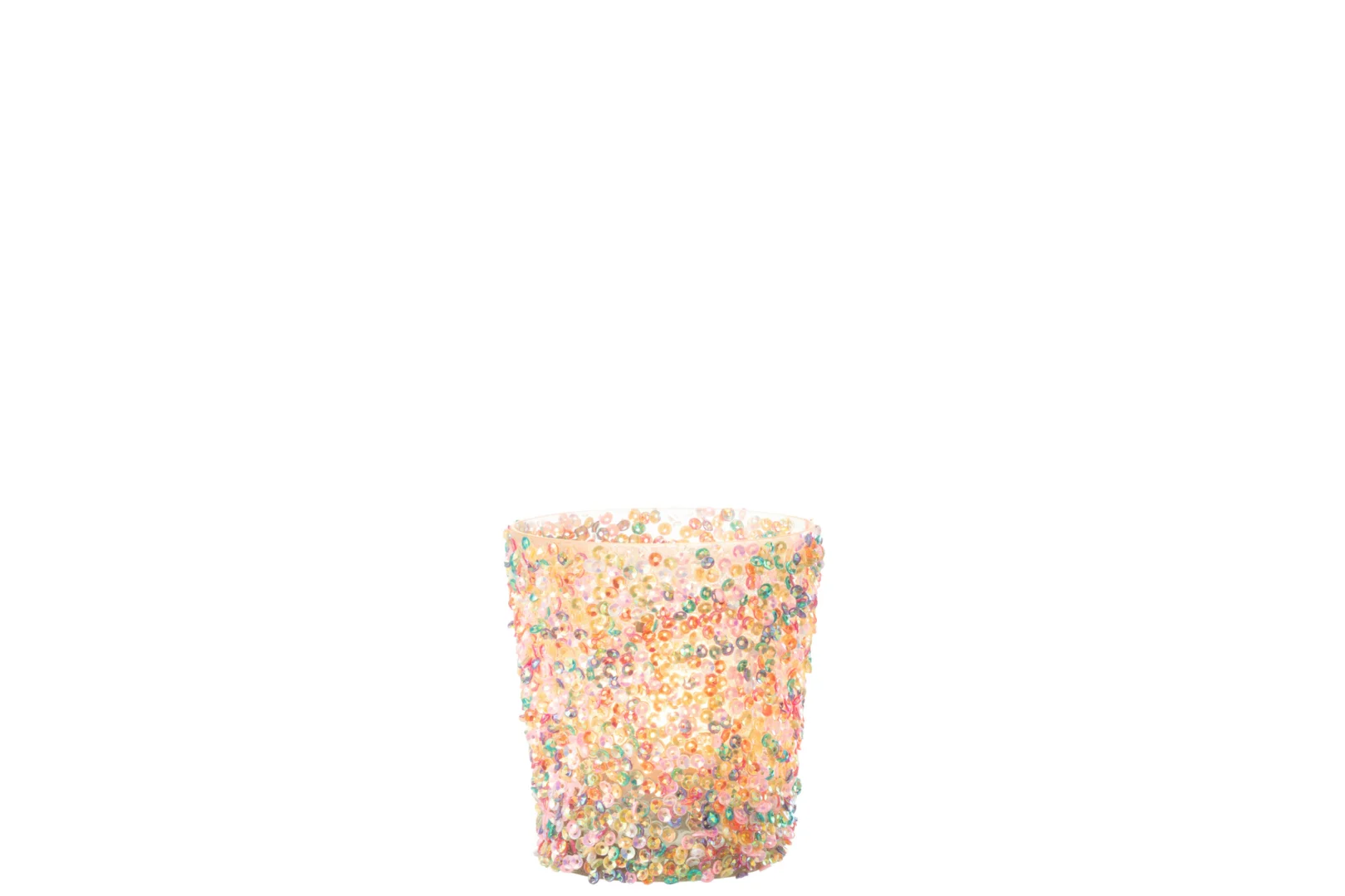 De Kaarsenhouder Orkaan Sequin Glas Pastel Groot, een grote kandelaar van pastelkleurig glas versierd met veelkleurige pailletten, wordt getoond tegen een witte achtergrond.