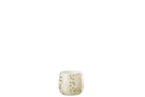 Theelichthouder Driehoek Glas Wit Goud Klein: een kleine, ronde glazen kandelaar met een witte basis en goudkleurig driehoekig mozaïekpatroon, afgebeeld op een effen witte achtergrond.