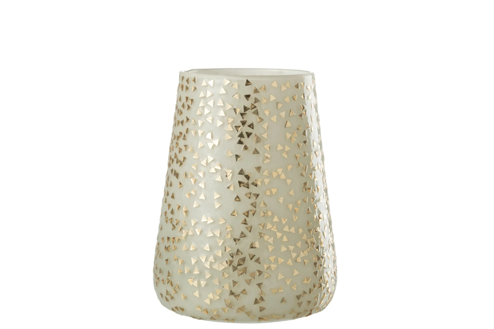 De Kaarsenhouder Orkaan Driehoek Glas Wit Goud Extra Groot heeft een mat wit glazen oppervlak versierd met gelijkmatig verspreide gouden driehoekige patronen, waardoor het een stijlvol decoratief accent is voor elke ruimte.