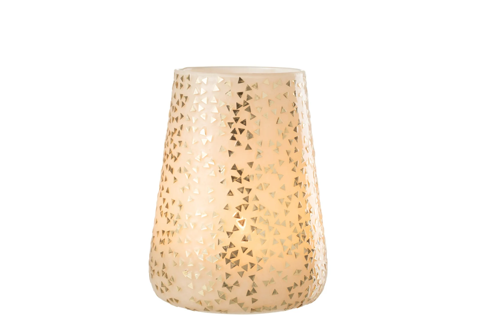 De Kaarsenhouder Orkaan Driehoek Glas Wit Goud Extra Groot is een decoratieve, conische glazen vaas met een matte afwerking en kleine gouden driehoekige accenten, afgebeeld tegen een effen witte achtergrond.