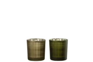Theelichthouder Rechthoeken Glas Groen Klein, een set van twee glazen houdertjes met plaid-patroon in lichtbruin en donkergroen, naast elkaar op een witte achtergrond.