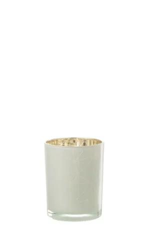 De Orkaan Milano Glas Wit/Goud Medium is een glazen kandelaar met een witte gematteerde buitenkant, een subtiel gouden geometrisch patroon en een reflecterende gouden binnenkant, tegen een effen witte achtergrond.
