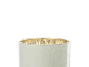 De Orkaan Milano Glas Wit/Goud Groot is een cilindervormige glazen kandelaar met een matwitte buitenkant en glanzend gouden binnenkant, voorzien van een subtiel geometrisch patroon.