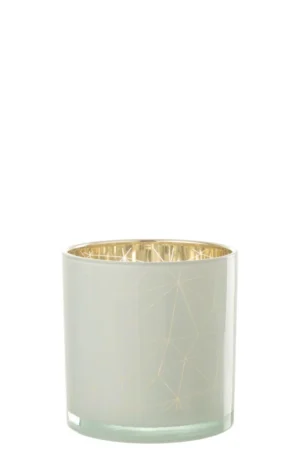 De Orkaan Milano Glas Wit/Goud Groot is een cilindervormige glazen kandelaar met een matwitte buitenkant en glanzend gouden binnenkant, voorzien van een subtiel geometrisch patroon.
